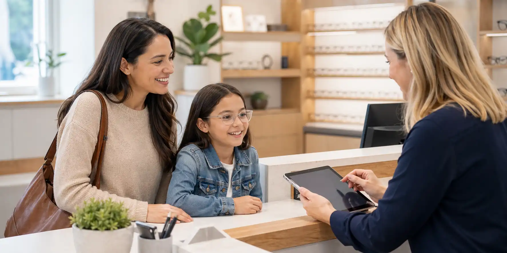 Family checking in for an eye exam at Weber Eye Care