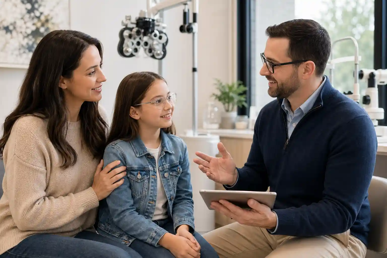 Doctor listening to a family during an eye care visit at Weber Eye Care